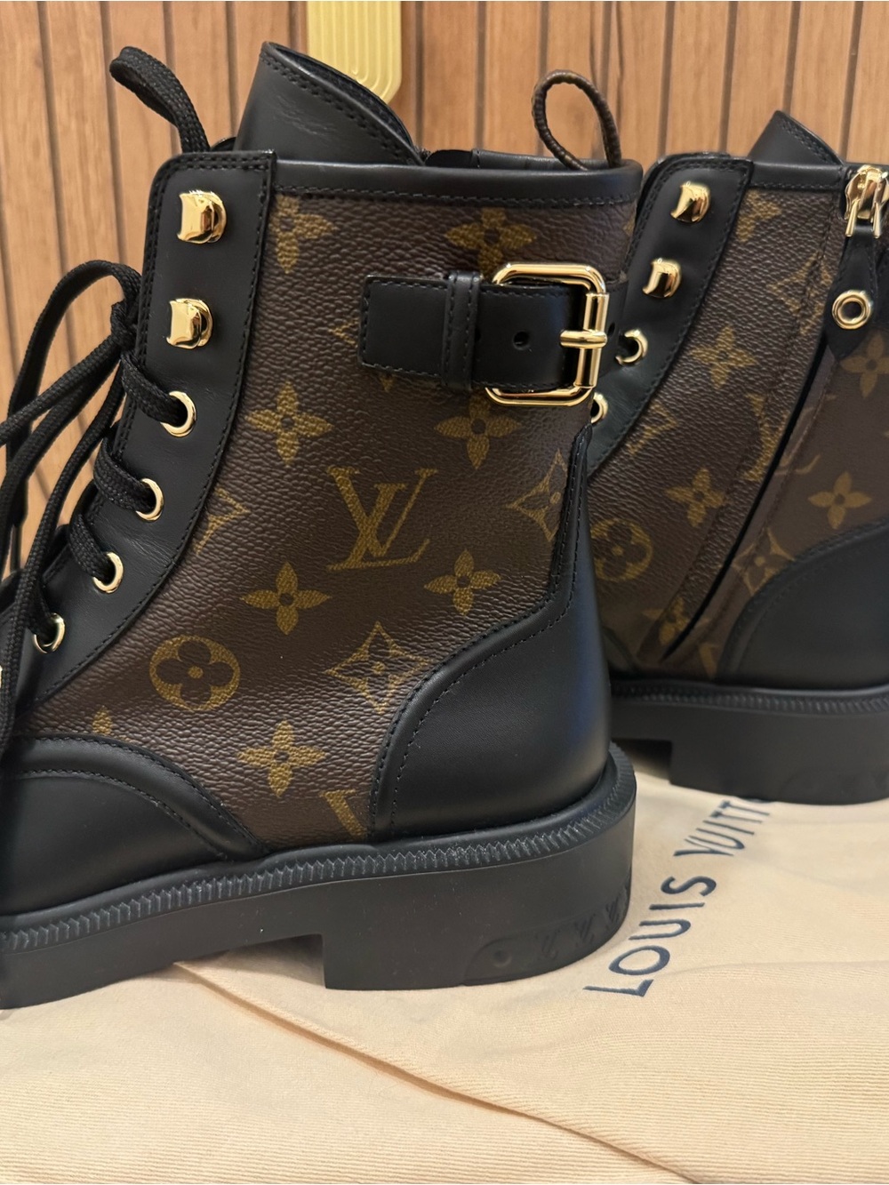 Louis Vuitton Black & Brown Monogram Lace-Up Combat Boots - Women's - Picture 3 of 12